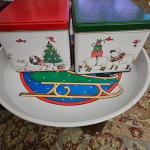 set of two keller Charles  vintage beautiful design tins and one 12-in Santa